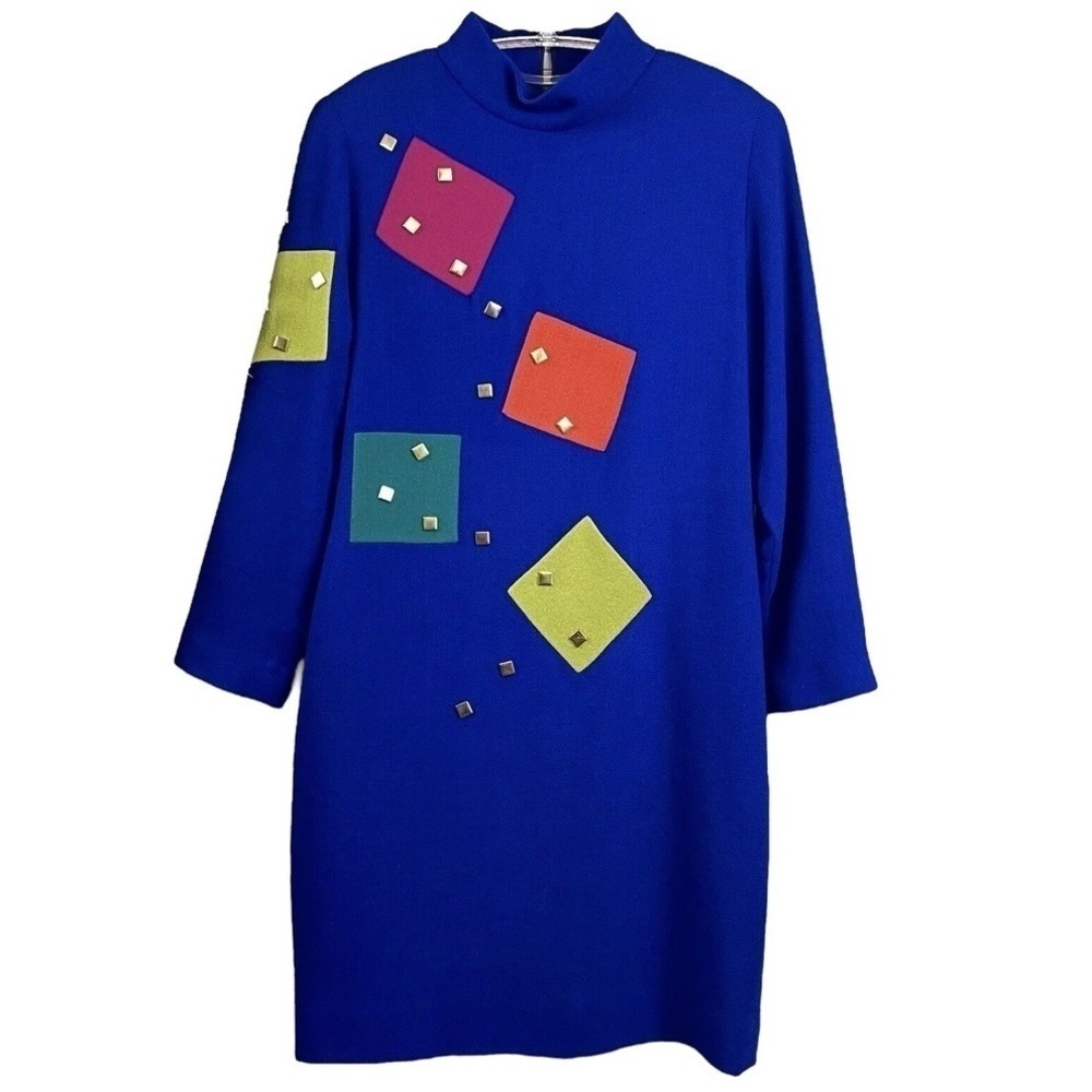 Steve Fabrikant Neiman Marcus Wool Studded Square Dress Art Wear Blue Size 10